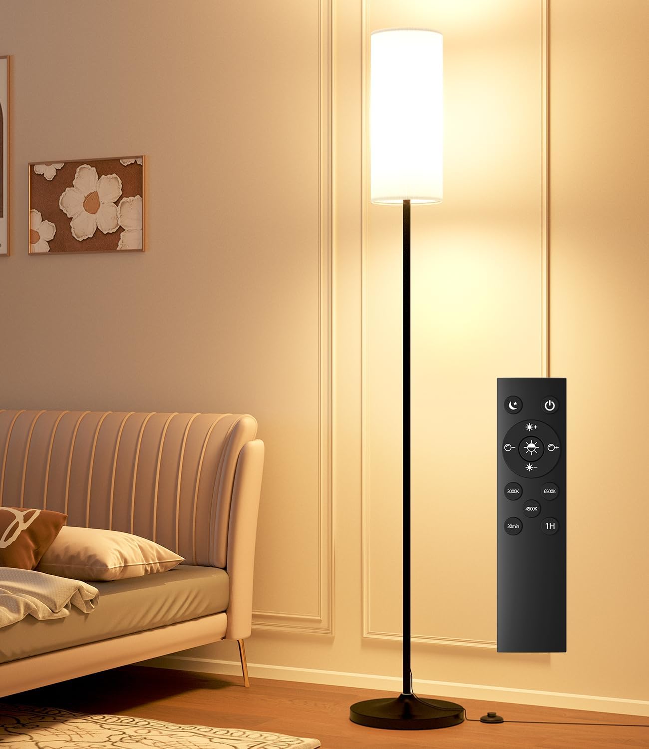 Remote Control Dimmable Floor Lamp with Fabric Shade – Modern Standing Lamp with 12W LED Bulb, Foot Switch, for Bedroom, Living Room, or Reading Corner