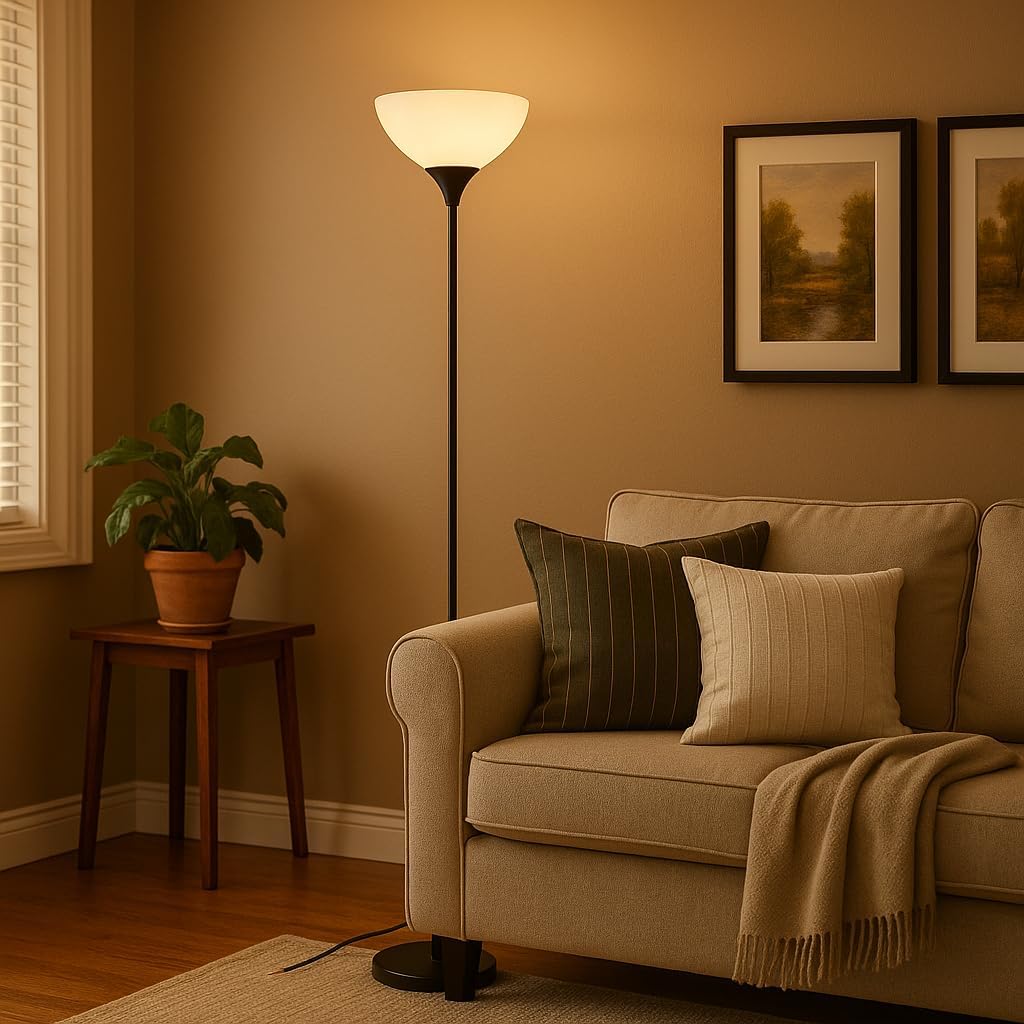 Modern Minimalist Floor Lamp – Tall Standing Light with Black Metal Stand & White Bowl Shade, Easy Assembly, Perfect for Living Room, Bedroom, or Study