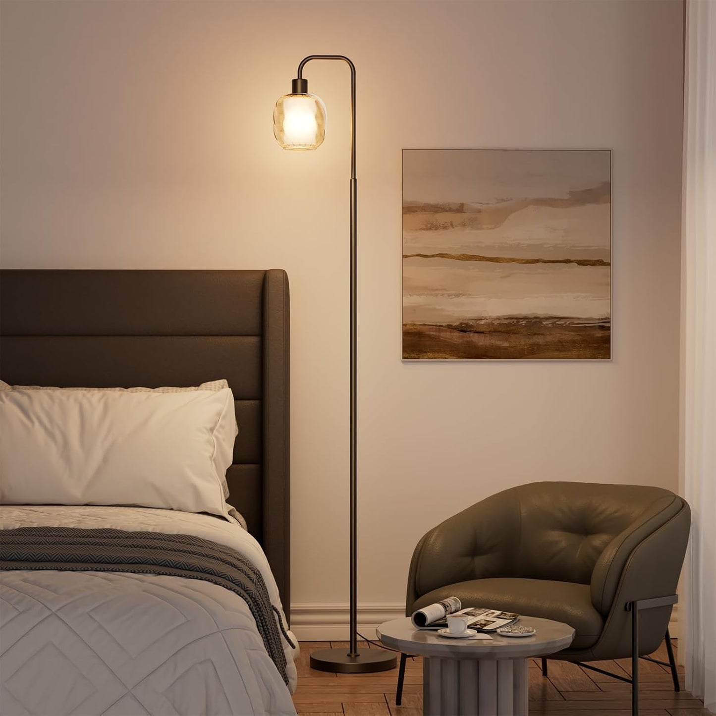 Modern Floor Lamp with Double-Layered Glass Shade – Black Metal Stand, Heavy-Duty Base, Foot Switch Control, Includes 9W LED Bulb, Ambient Standing Light for Living Room, Bedroom, or Study
