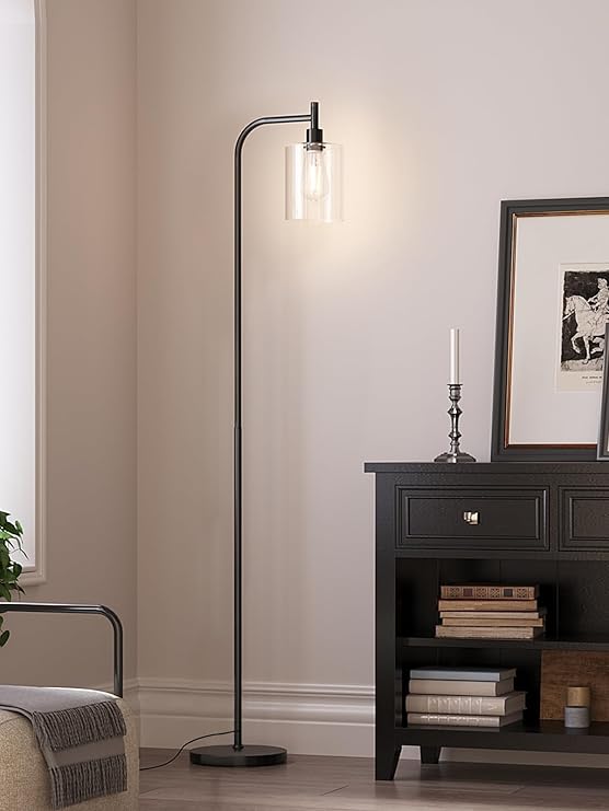 Industrial Glass Shade Floor Lamp – 66" Tall Black Metal Stand with Foot Switch, Modern Standing Lamp with 10" Weighted Base for Living Room, Bedroom, or Study