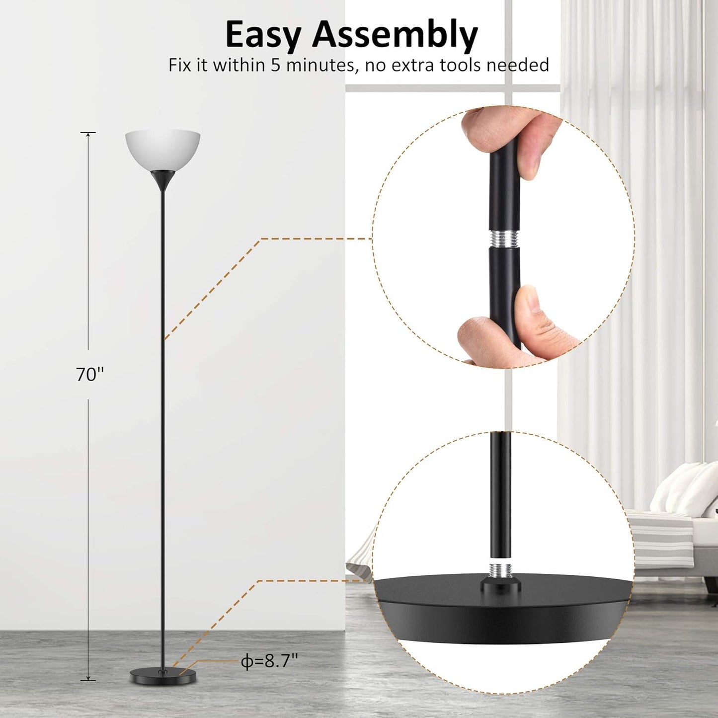 Modern Minimalist Floor Lamp – Tall Standing Light with Black Metal Stand & White Bowl Shade, Easy Assembly, Perfect for Living Room, Bedroom, or Study