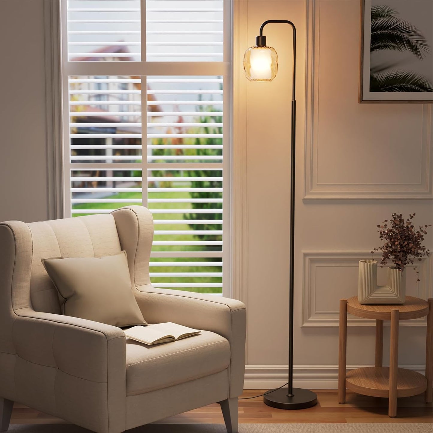 Modern Floor Lamp with Double-Layered Glass Shade – Black Metal Stand, Heavy-Duty Base, Foot Switch Control, Includes 9W LED Bulb, Ambient Standing Light for Living Room, Bedroom, or Study