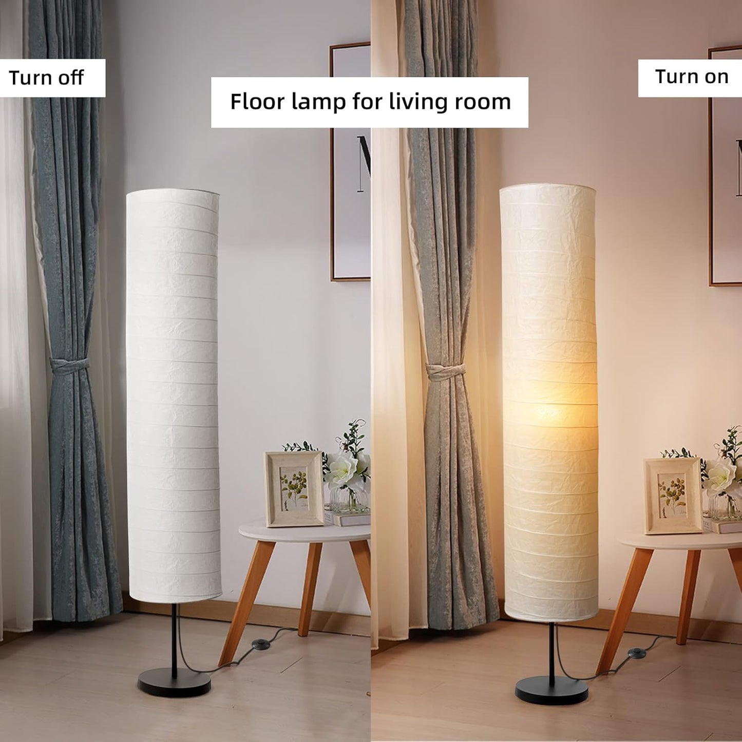 Modern Cylinder Fabric Floor Lamp – Soft Ambient Light with White Linen Shade & Black Metal Base, Standing Lamp with Foot Switch for Living Room, Bedroom, or Study