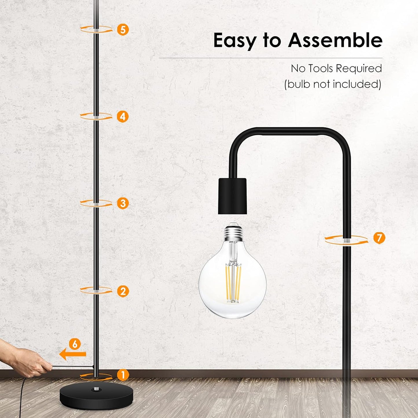 Modern Minimalist Floor Lamp – 63" Tall Black Metal Stand with Exposed Bulb Design & Foot Switch, Industrial Style Standing Lamp for Living Room, Bedroom, or Study