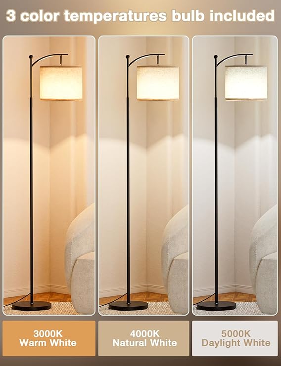 Modern Nordic Arc Floor Lamp with Beige Fabric Shade – Black Metal Stand with Foot Switch, Tall Standing Lamp for Living Room, Bedroom, or Study