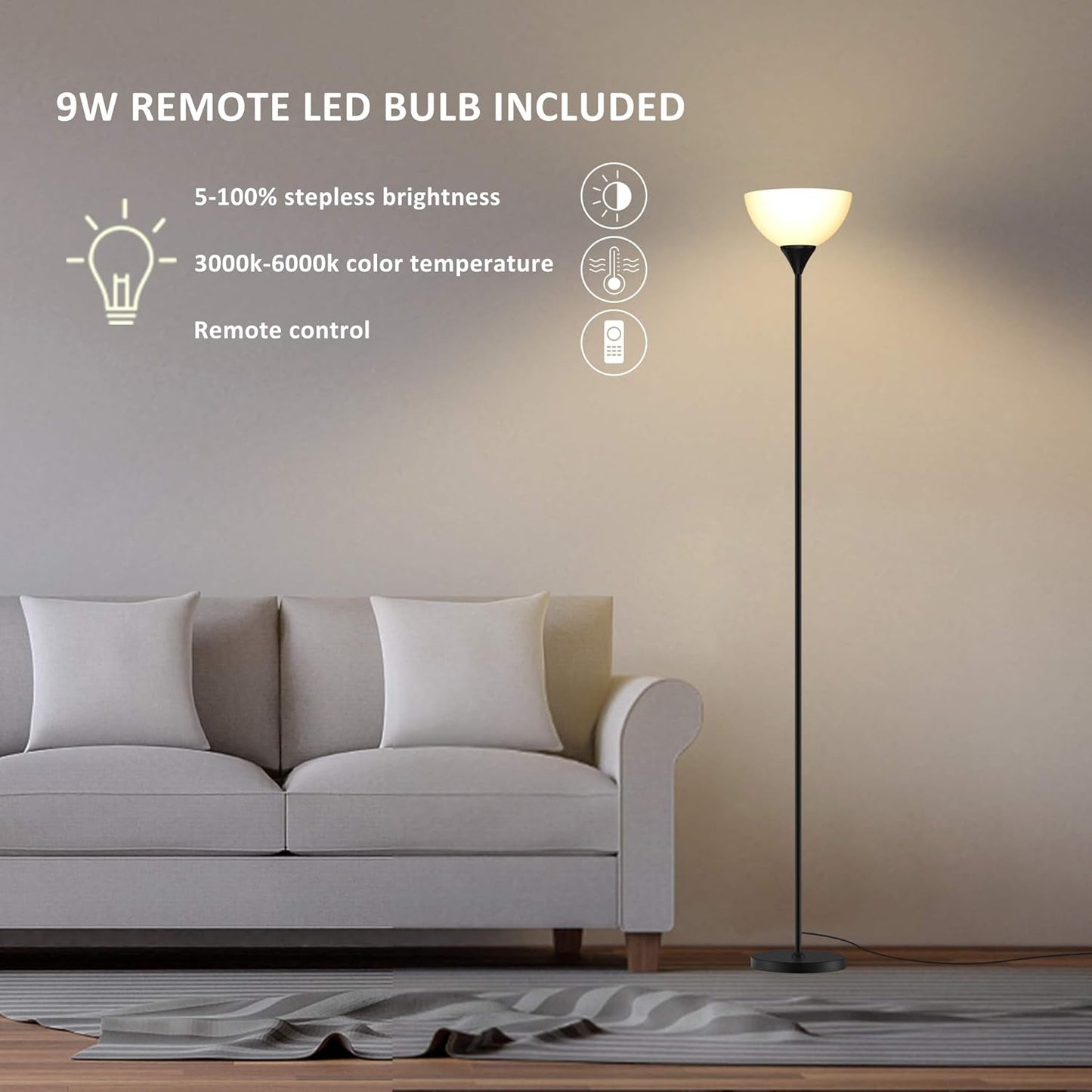 Modern Minimalist Floor Lamp – Tall Standing Light with Black Metal Stand & White Bowl Shade, Easy Assembly, Perfect for Living Room, Bedroom, or Study