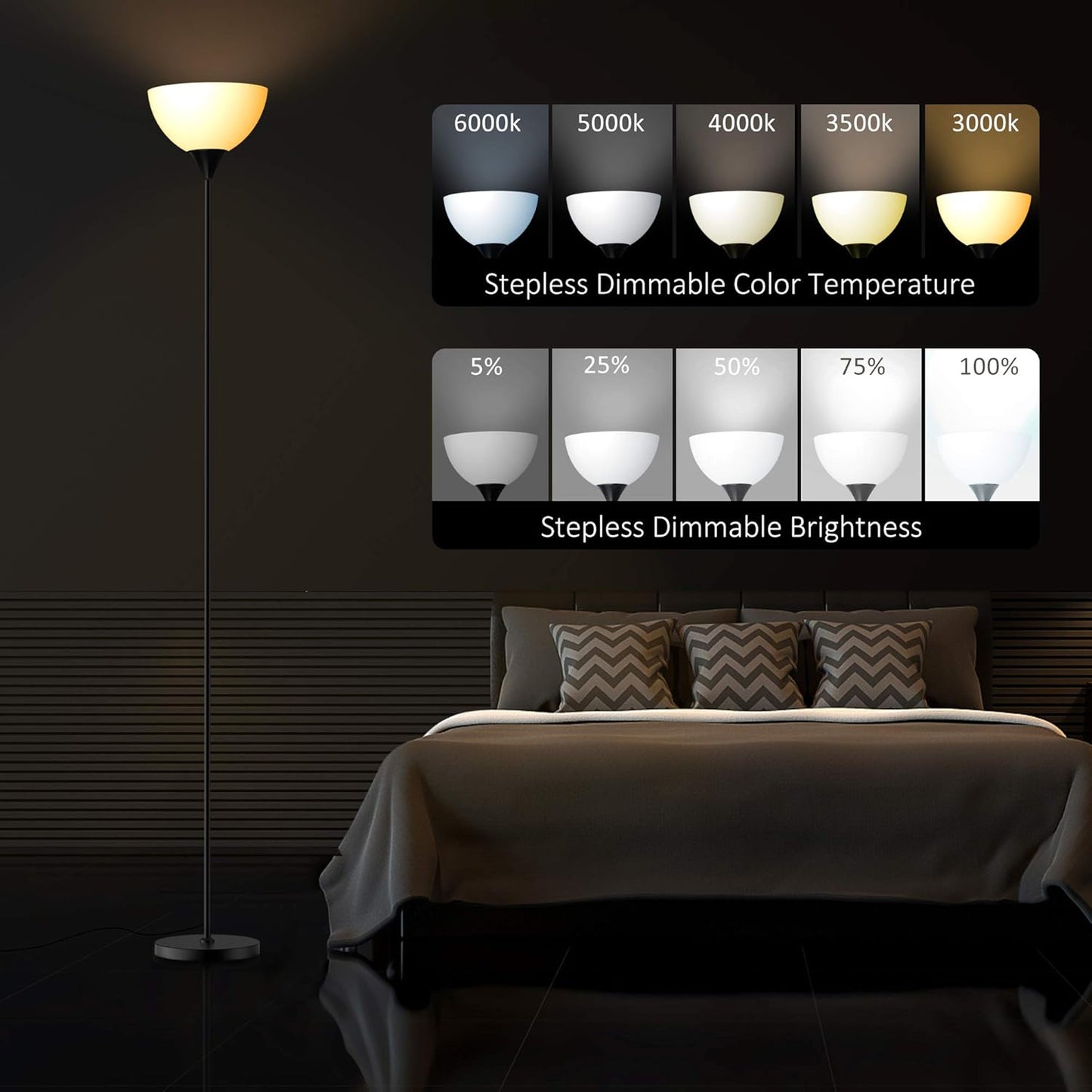 Modern Minimalist Floor Lamp – Tall Standing Light with Black Metal Stand & White Bowl Shade, Easy Assembly, Perfect for Living Room, Bedroom, or Study