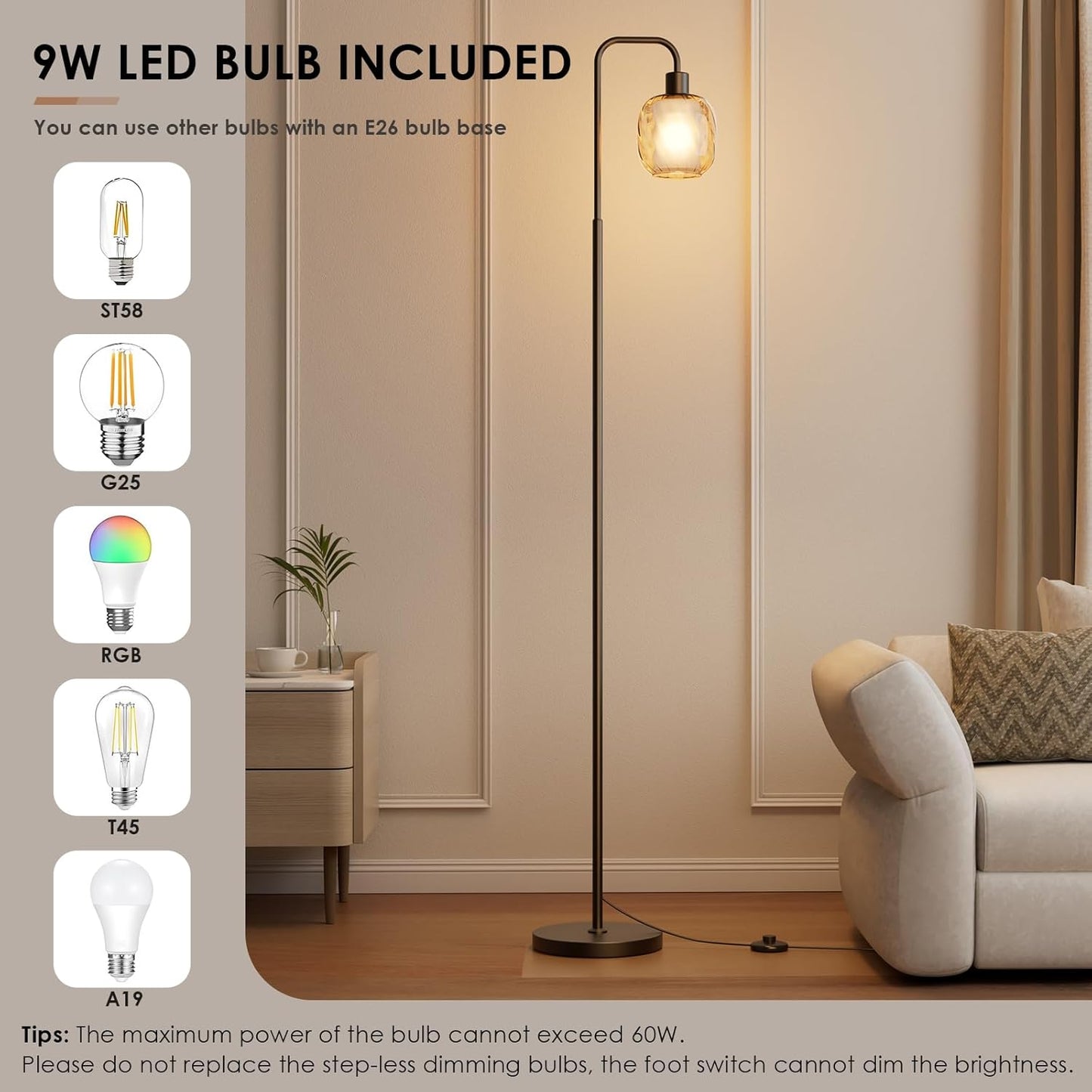 Modern Floor Lamp with Double-Layered Glass Shade – Black Metal Stand, Heavy-Duty Base, Foot Switch Control, Includes 9W LED Bulb, Ambient Standing Light for Living Room, Bedroom, or Study