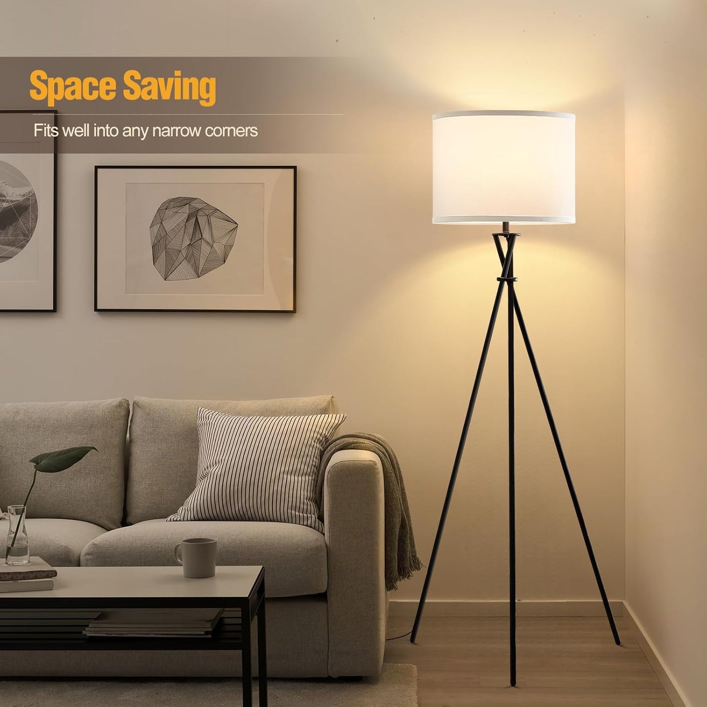 Modern Tripod Floor Lamp – 61" Tall Black Metal Stand with White Linen Shade, Minimalist Standing Lamp with Rotary Switch for Living Room, Bedroom, or Study