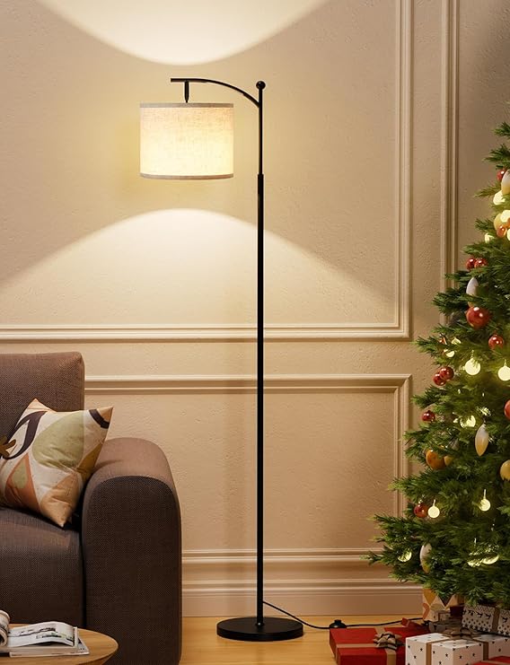 Modern Nordic Arc Floor Lamp with Beige Fabric Shade – Black Metal Stand with Foot Switch, Tall Standing Lamp for Living Room, Bedroom, or Study