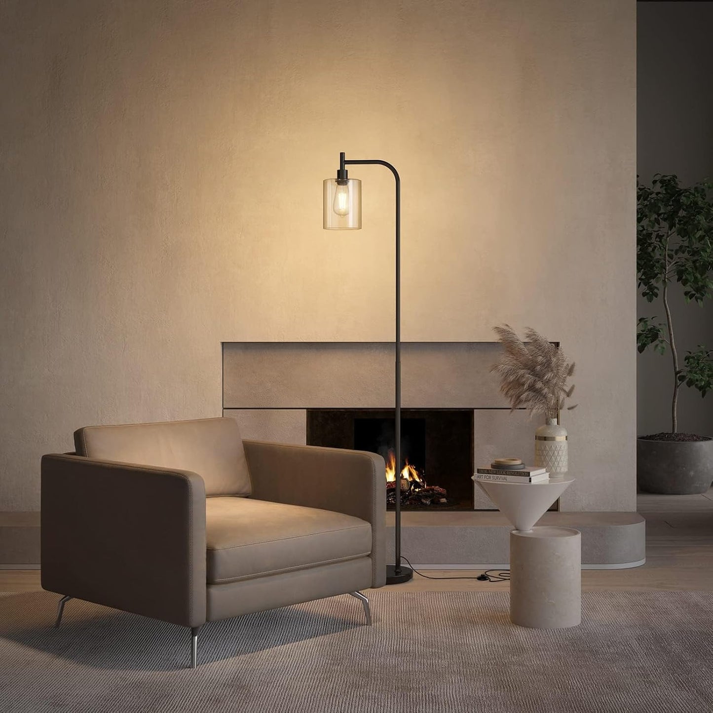 Industrial Glass Shade Floor Lamp – 66" Tall Black Metal Stand with Foot Switch, Modern Standing Lamp with 10" Weighted Base for Living Room, Bedroom, or Study
