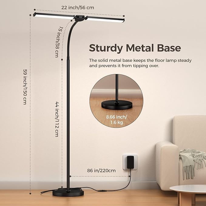 Modern LED Floor Lamp with Long Bar Lamp Head – Adjustable Reading & Study Standing Light, Black Metal Stand with Stable Round Base, Eye-Caring Energy-Saving Lamp for Living Room, Bedroom, or Study