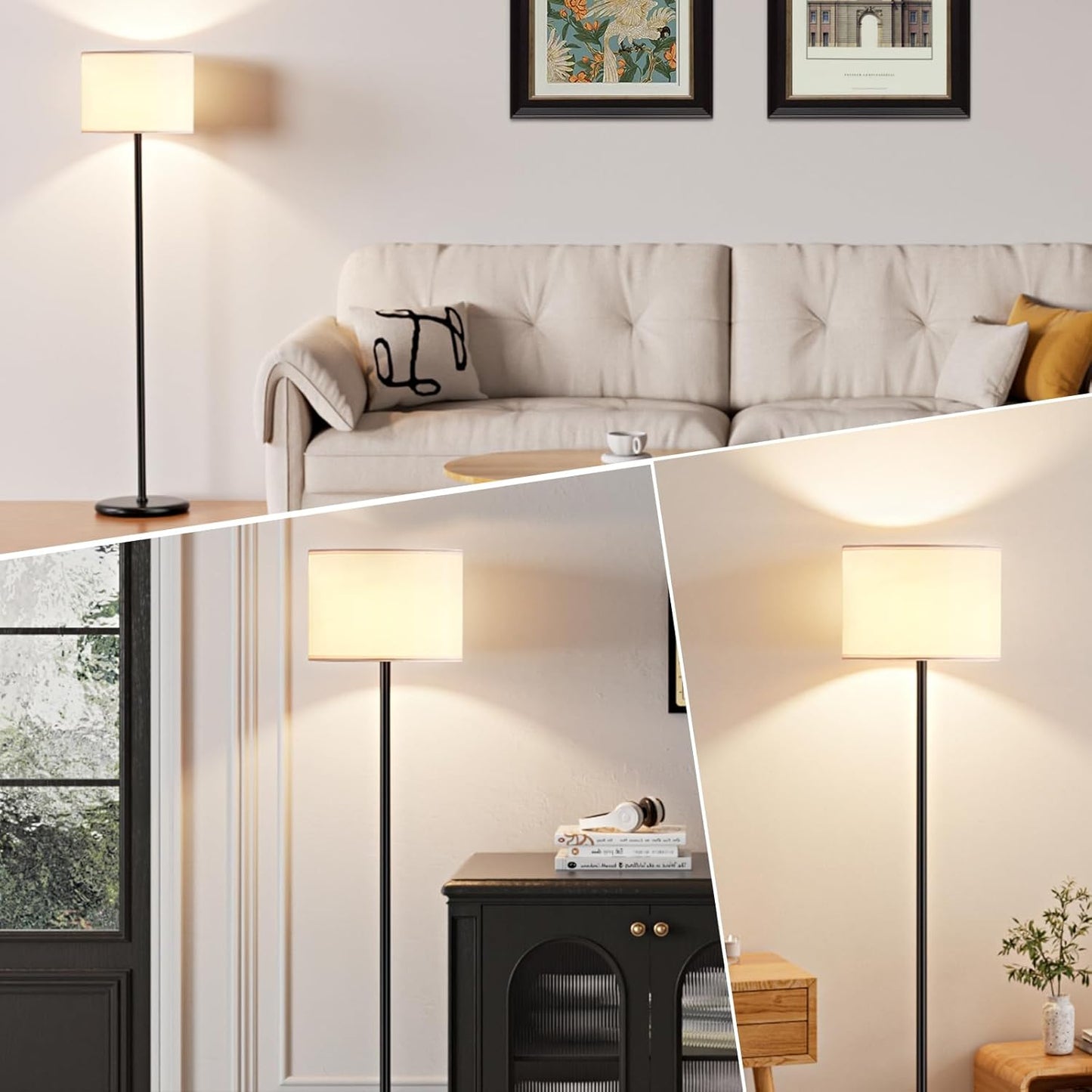 Modern Fabric Floor Lamp – 60" Tall Standing Lamp with White Lampshade and Black Metal Base for Living Room, Bedroom, and Study