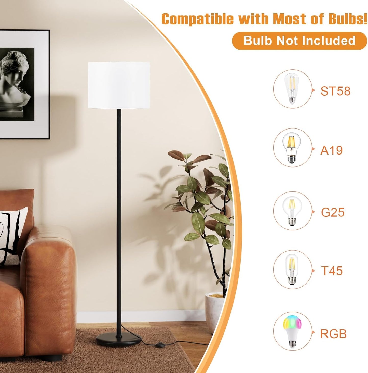 Modern Fabric Floor Lamp – 60" Tall Standing Lamp with White Lampshade and Black Metal Base for Living Room, Bedroom, and Study