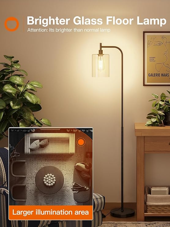 Industrial Glass Shade Floor Lamp – 66" Tall Black Metal Stand with Foot Switch, Modern Standing Lamp with 10" Weighted Base for Living Room, Bedroom, or Study