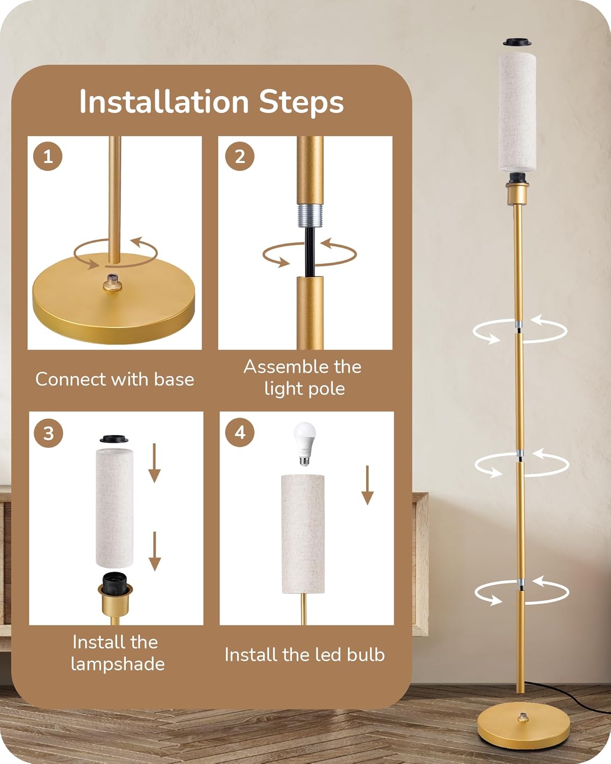 Modern Nordic Gold Floor Lamp – 63.8" Tall with Long Fabric Shade & Sturdy Metal Base, Foot Switch Standing Lamp for Living Room, Bedroom, or Study