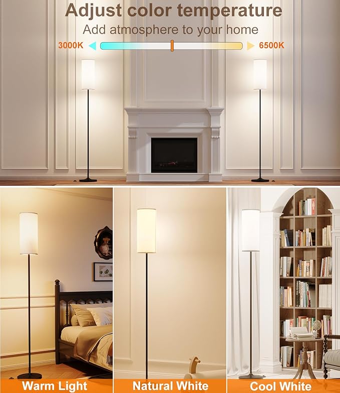 Remote Control Dimmable Floor Lamp with Fabric Shade – Modern Standing Lamp with 12W LED Bulb, Foot Switch, for Bedroom, Living Room, or Reading Corner