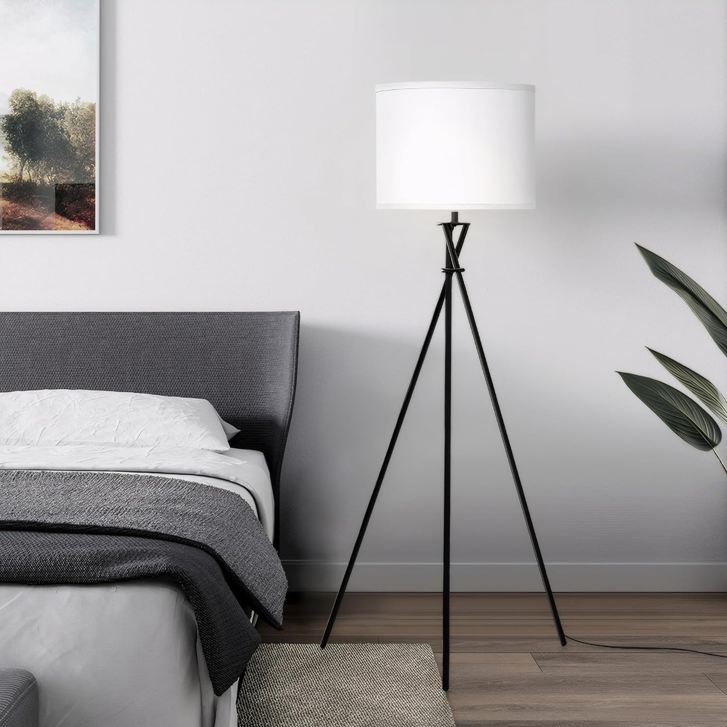 Modern Tripod Floor Lamp – 61" Tall Black Metal Stand with White Linen Shade, Minimalist Standing Lamp with Rotary Switch for Living Room, Bedroom, or Study