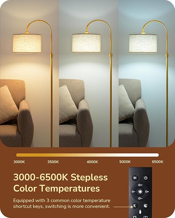 Modern Arc Floor Lamp – 61.8" Tall Gold Metal Stand with Fabric Shade, Includes Bulb, Weighted Base Standing Lamp for Living Room, Bedroom, Nursery, or Study