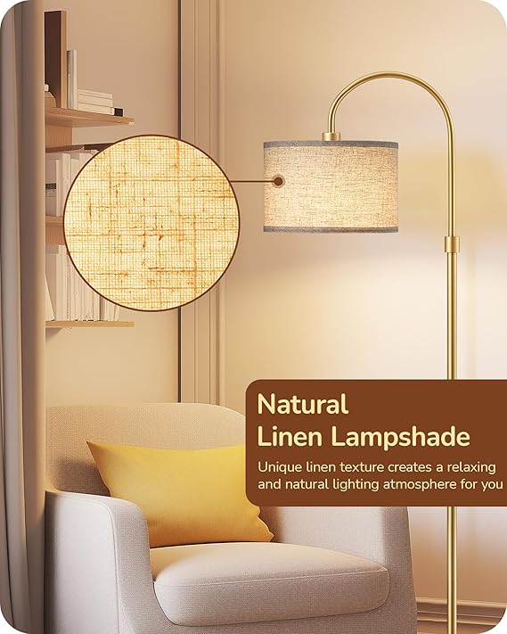 Modern Arc Floor Lamp – 61.8" Tall Gold Metal Stand with Fabric Shade, Includes Bulb, Weighted Base Standing Lamp for Living Room, Bedroom, Nursery, or Study