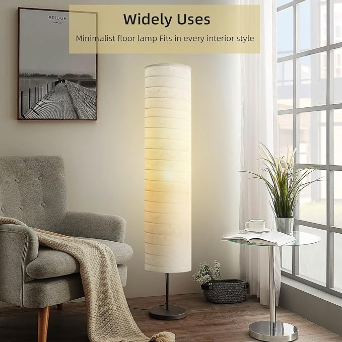 Modern Cylinder Fabric Floor Lamp – Soft Ambient Light with White Linen Shade & Black Metal Base, Standing Lamp with Foot Switch for Living Room, Bedroom, or Study