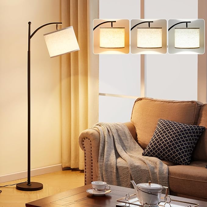 Modern Nordic Arc Floor Lamp with Beige Fabric Shade – Black Metal Stand with Foot Switch, Tall Standing Lamp for Living Room, Bedroom, or Study