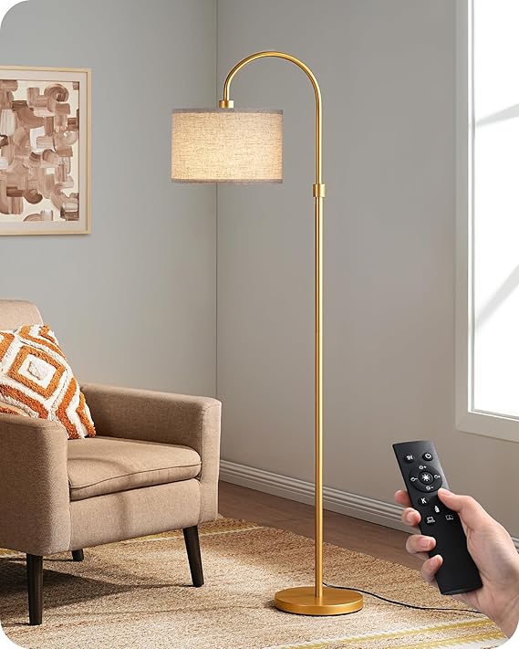 Modern Arc Floor Lamp – 61.8" Tall Gold Metal Stand with Fabric Shade, Includes Bulb, Weighted Base Standing Lamp for Living Room, Bedroom, Nursery, or Study