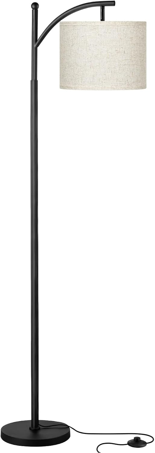 Modern Nordic Arc Floor Lamp with Beige Fabric Shade – Black Metal Stand with Foot Switch, Tall Standing Lamp for Living Room, Bedroom, or Study