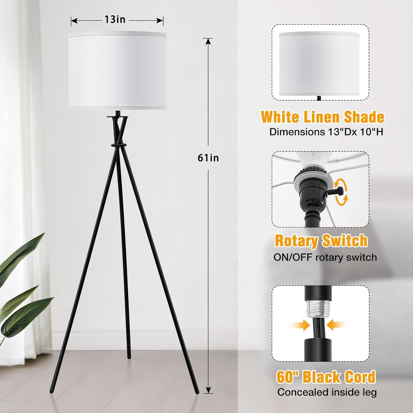 Modern Tripod Floor Lamp – 61" Tall Black Metal Stand with White Linen Shade, Minimalist Standing Lamp with Rotary Switch for Living Room, Bedroom, or Study