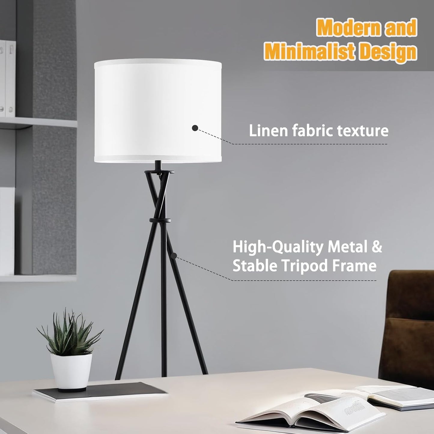 Modern Tripod Floor Lamp – 61" Tall Black Metal Stand with White Linen Shade, Minimalist Standing Lamp with Rotary Switch for Living Room, Bedroom, or Study