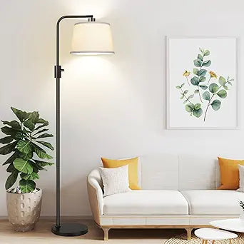 Modern Nordic Style Adjustable Floor Lamp with Fabric Lampshade – Black Metal Stand, Cozy Lighting for Living Room, Bedroom, or Study