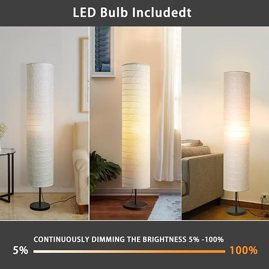 Modern Cylinder Fabric Floor Lamp – Soft Ambient Light with White Linen Shade & Black Metal Base, Standing Lamp with Foot Switch for Living Room, Bedroom, or Study