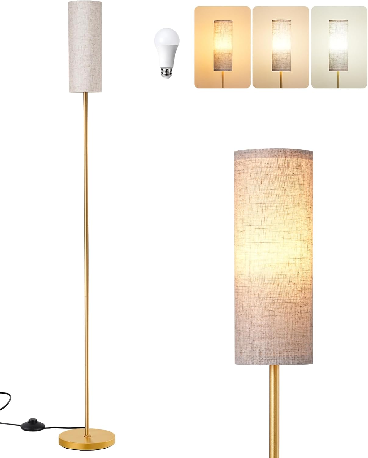 Modern Nordic Gold Floor Lamp – 63.8" Tall with Long Fabric Shade & Sturdy Metal Base, Foot Switch Standing Lamp for Living Room, Bedroom, or Study