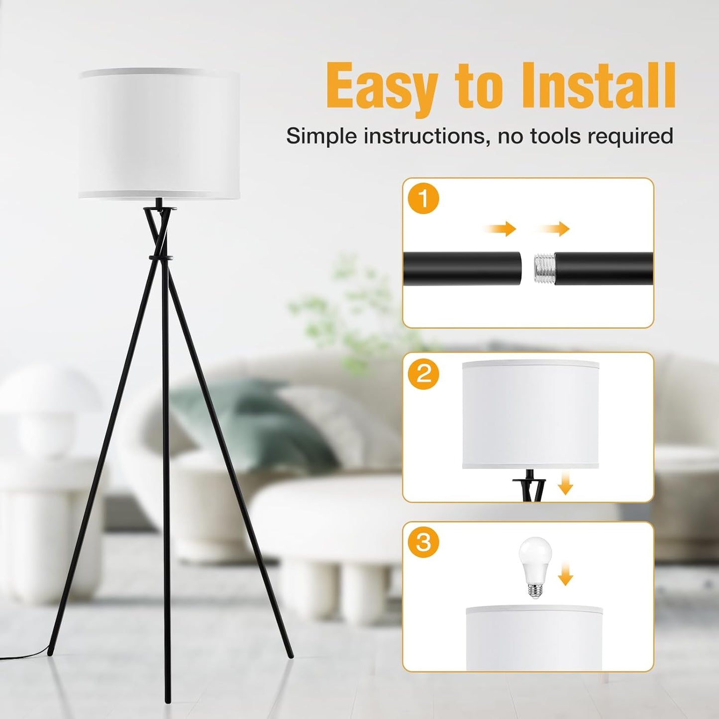 Modern Tripod Floor Lamp – 61" Tall Black Metal Stand with White Linen Shade, Minimalist Standing Lamp with Rotary Switch for Living Room, Bedroom, or Study