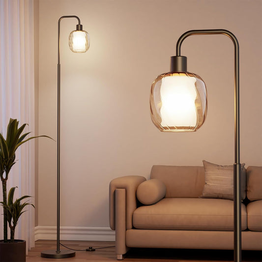 Modern Floor Lamp with Double-Layered Glass Shade – Black Metal Stand, Heavy-Duty Base, Foot Switch Control, Includes 9W LED Bulb, Ambient Standing Light for Living Room, Bedroom, or Study