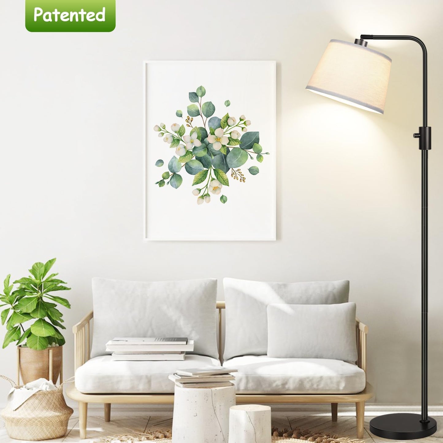 Modern Nordic Style Adjustable Floor Lamp with Fabric Lampshade – Black Metal Stand, Cozy Lighting for Living Room, Bedroom, or Study