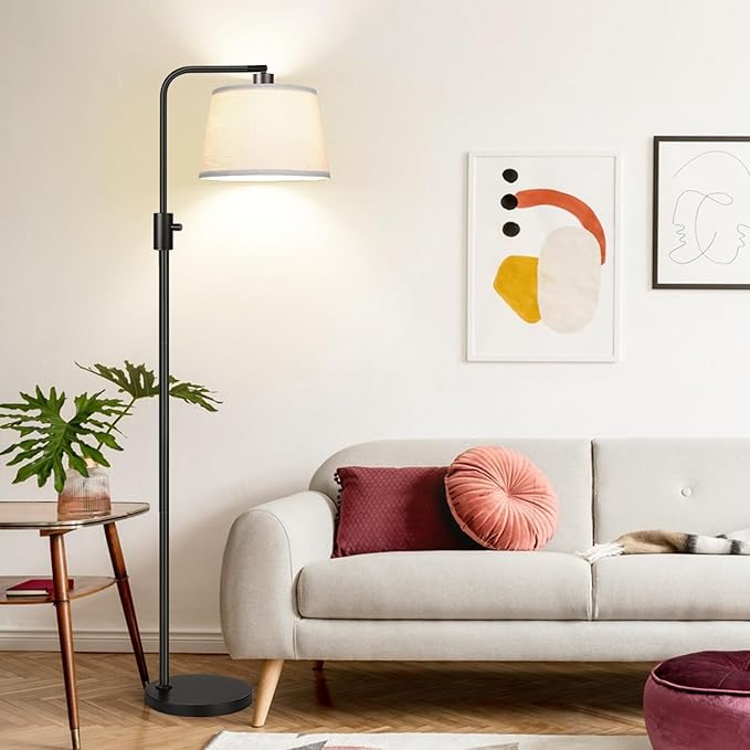 Modern Nordic Style Adjustable Floor Lamp with Fabric Lampshade – Black Metal Stand, Cozy Lighting for Living Room, Bedroom, or Study