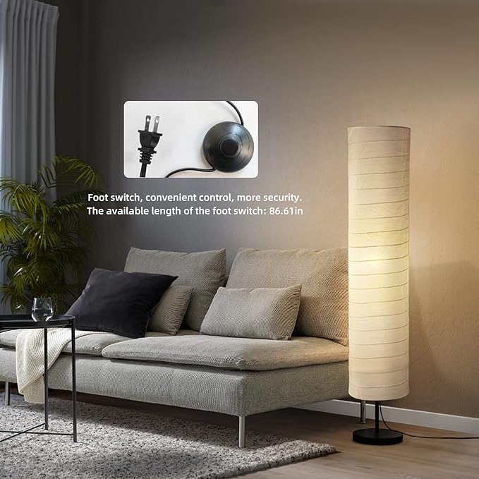 Modern Cylinder Fabric Floor Lamp – Soft Ambient Light with White Linen Shade & Black Metal Base, Standing Lamp with Foot Switch for Living Room, Bedroom, or Study