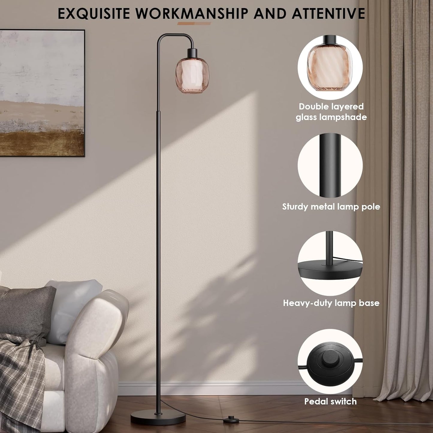 Modern Floor Lamp with Double-Layered Glass Shade – Black Metal Stand, Heavy-Duty Base, Foot Switch Control, Includes 9W LED Bulb, Ambient Standing Light for Living Room, Bedroom, or Study