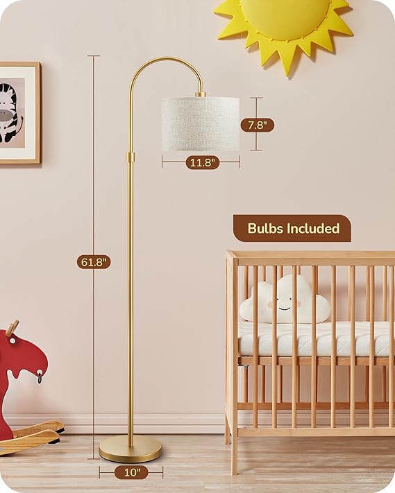 Modern Arc Floor Lamp – 61.8" Tall Gold Metal Stand with Fabric Shade, Includes Bulb, Weighted Base Standing Lamp for Living Room, Bedroom, Nursery, or Study