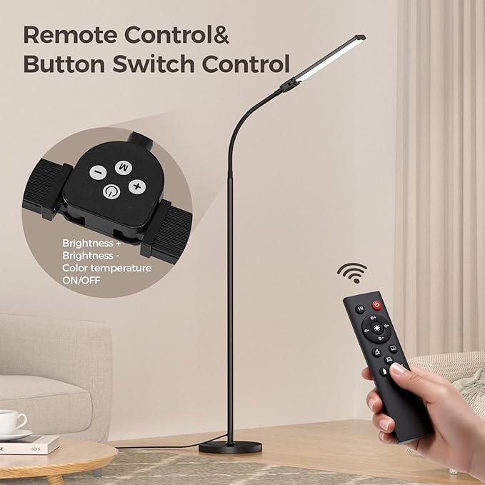 Modern LED Floor Lamp with Long Bar Lamp Head – Adjustable Reading & Study Standing Light, Black Metal Stand with Stable Round Base, Eye-Caring Energy-Saving Lamp for Living Room, Bedroom, or Study