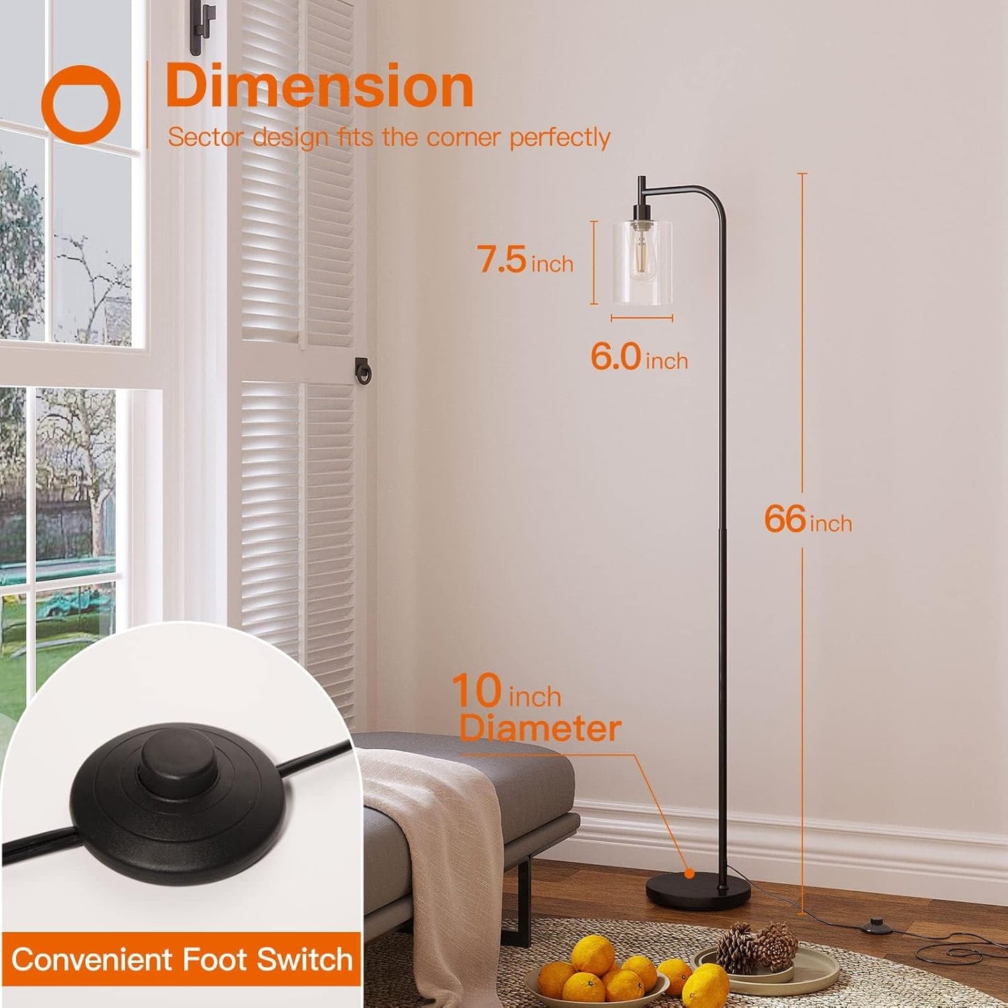 Industrial Glass Shade Floor Lamp – 66" Tall Black Metal Stand with Foot Switch, Modern Standing Lamp with 10" Weighted Base for Living Room, Bedroom, or Study