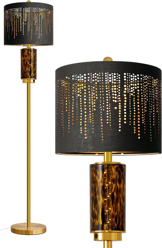 Vintage Gold Floor Lamp – 63.5" Tall with Black Cutout Drum Shade & Marble-Style Accent, Dual Bulb Design (Main Light + Night Light), Elegant Standing Lamp for Living Room, Bedroom, or Study