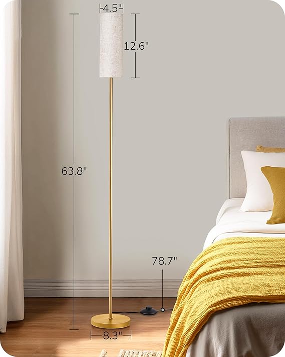 Modern Nordic Gold Floor Lamp – 63.8" Tall with Long Fabric Shade & Sturdy Metal Base, Foot Switch Standing Lamp for Living Room, Bedroom, or Study