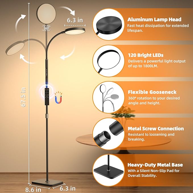 Modern LED Floor Lamp with 120 High-Brightness LEDs – Adjustable 360° Gooseneck Heads, Aluminum Lamp Shade, Heavy-Duty Metal Base, Stepless Dimmable Standing Lamp for Living Room, Bedroom, or Study