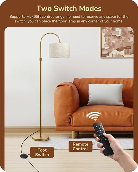 Modern Arc Floor Lamp – 61.8" Tall Gold Metal Stand with Fabric Shade, Includes Bulb, Weighted Base Standing Lamp for Living Room, Bedroom, Nursery, or Study