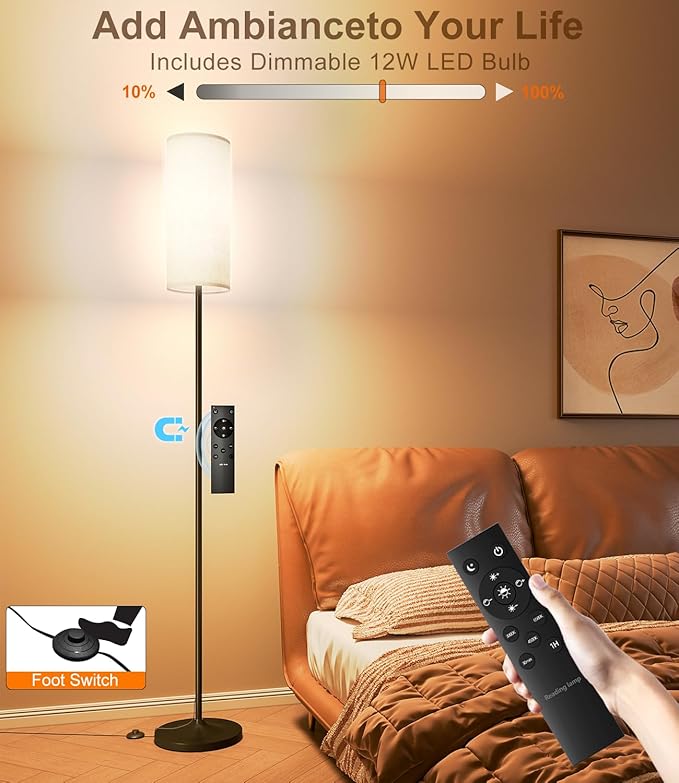 Remote Control Dimmable Floor Lamp with Fabric Shade – Modern Standing Lamp with 12W LED Bulb, Foot Switch, for Bedroom, Living Room, or Reading Corner