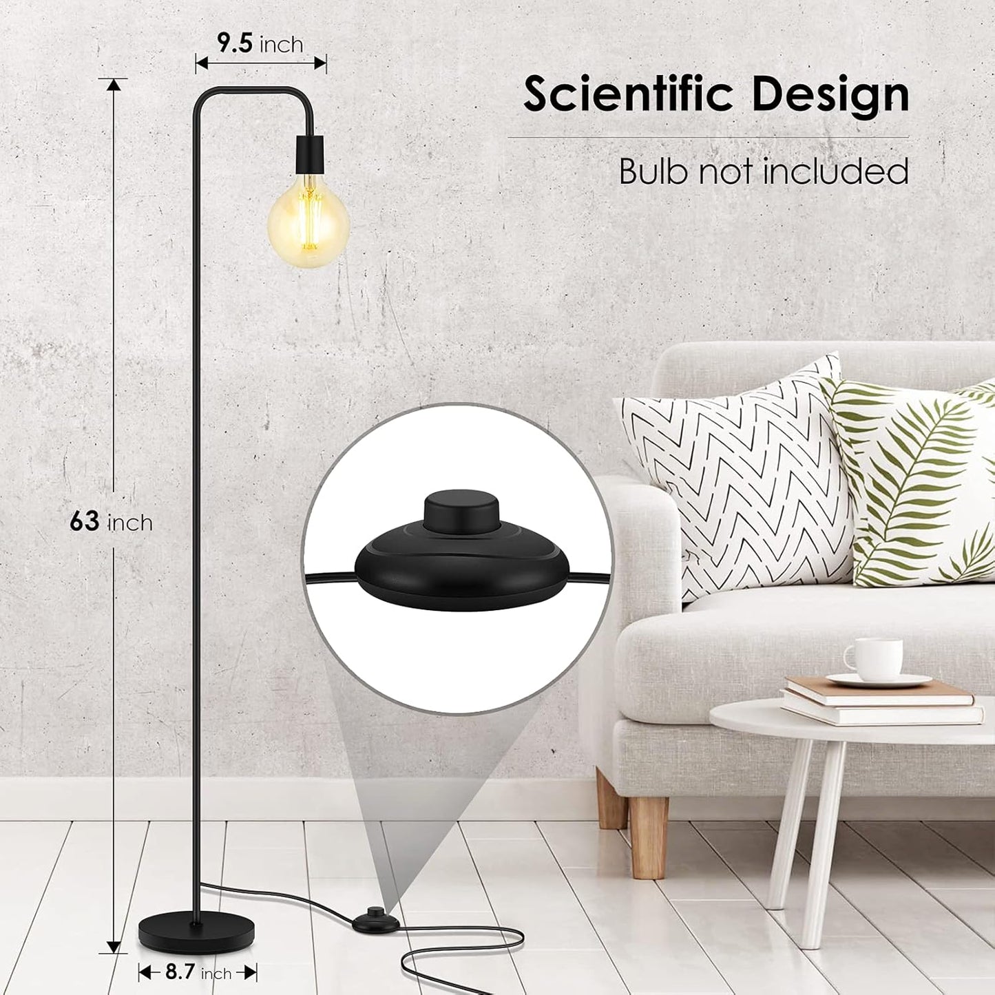 Modern Minimalist Floor Lamp – 63" Tall Black Metal Stand with Exposed Bulb Design & Foot Switch, Industrial Style Standing Lamp for Living Room, Bedroom, or Study