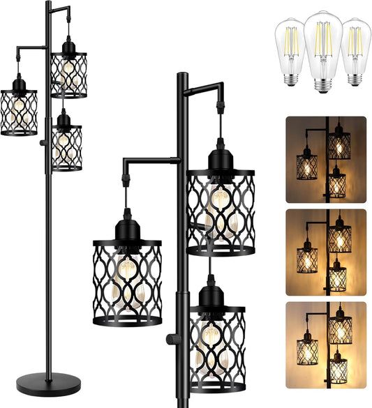 Vintage Industrial 3-Head Floor Lamp – Black Metal Stand with Hollow Geometric Shades & Edison Bulbs, Decorative Standing Light for Living Room, Bedroom, or Study