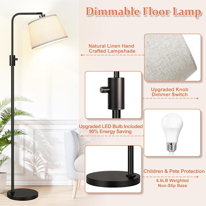 Modern Nordic Style Adjustable Floor Lamp with Fabric Lampshade – Black Metal Stand, Cozy Lighting for Living Room, Bedroom, or Study
